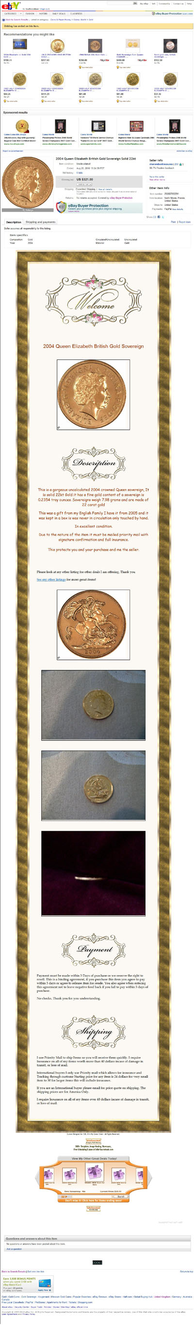 sharonsbesttreasures 2004 Queen Elizabeth British Gold Sovereign Solid 22kt eBay Auction Listing